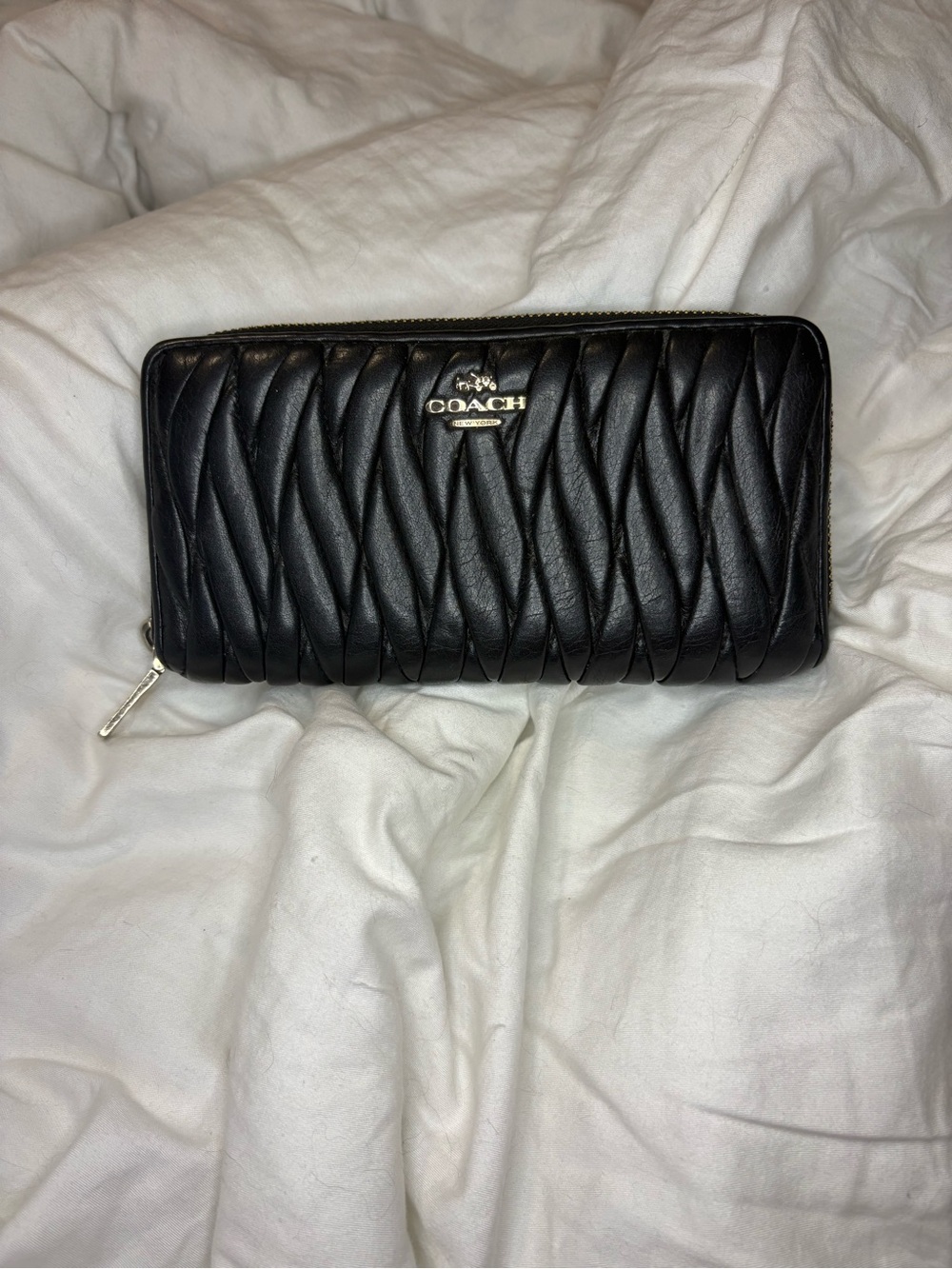 Coach Black Quilted Zip-Around Leather Wallet with Gold Logo